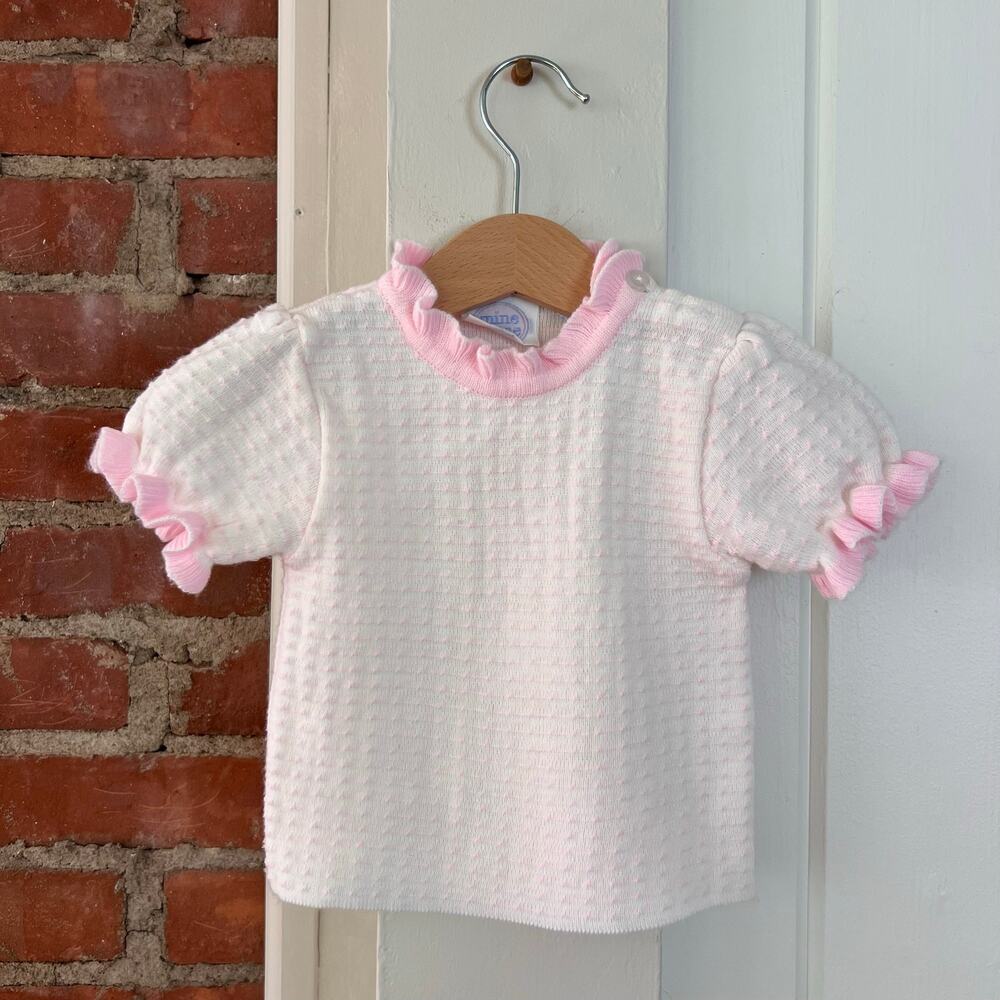 Vintage 80s‎ Mine Alone Baby Girl Pink White Knit Top Puff Sleeve Heirloom 6-9M